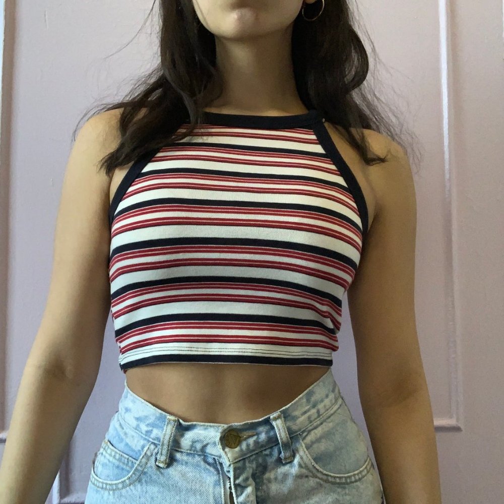 Zara Trafaluc Navy Blue Stripe Cropped Tank